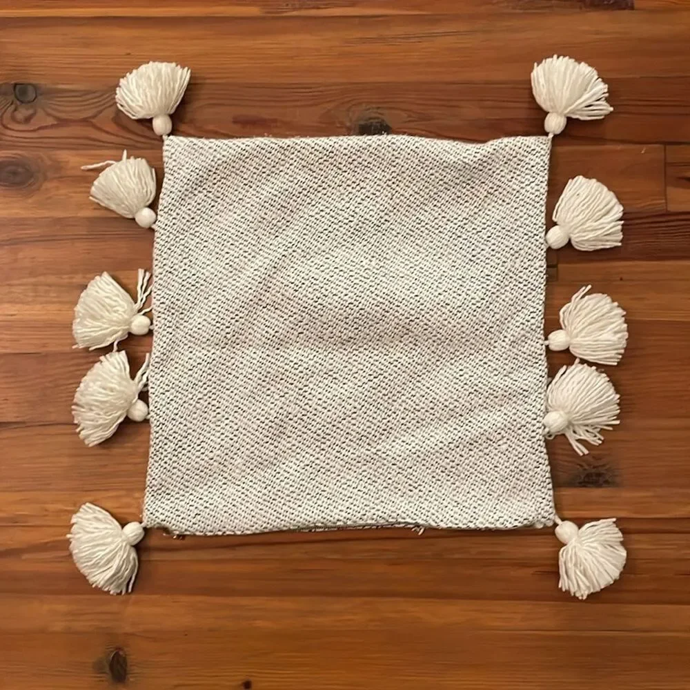 Anthropologie Edna Woven Texture Pillow Cover Tassel White Coral 18x18 in